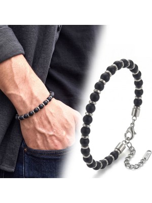 Fm 💎 Premium Parlak ve Şık Siyah Oniks & Beyaz Hematit Taşlı Çelik Erkek Bileklik (23cm Ayarlanabilir)