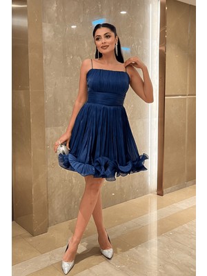 Giyimmasalı Şifon Kumaş Büzgü Detaylı Askılı Mini Elbise - LACİVERT-GYM-138