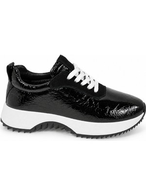 Kayhan Ayakkabı Siyah Parlak Dokulu Kalın Taban Bağcıklı Sneaker Ayakkabı