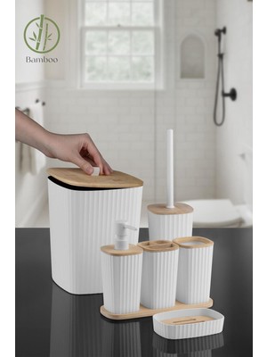 altabi Safir Beyaz Bambulu Çizgili Banyo Seti 6 Parça Plastik