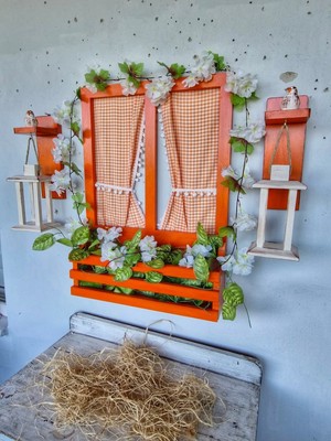 St. Morritz Turuncu Balkon Seti,ahşap Pencere+Perdesi ve Fener Set Takım, Çiçekler Hariçtir,duvar Dekoru
