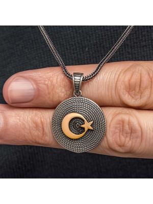 Pileli Store Gümüş Ay Yıldızlı Erkek Kolye