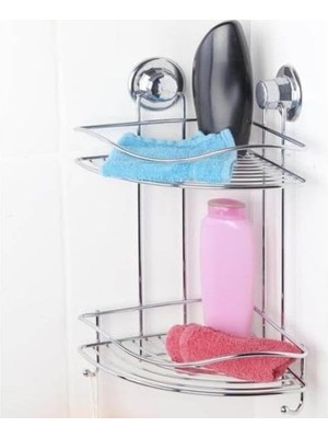 Tekno-Tel Vakumlu Iki Katlı Kancalı Banyo Köşe Rafı, Gümüş