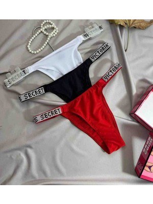 Evlium Victoria's Secret Parlak Taş Yazılı Mikro Kumaş String Külot 3'lü Avantaj Paketi