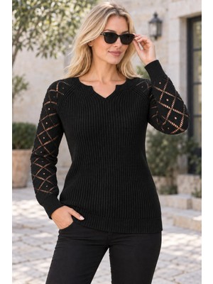 AQE FASHION Kadın Çentik Yaka Uzun Kollu Kolları Baklava Desenli Örgü Dokulu Ribana Detaylı Şık Zarif Yumuşak Günlük Siyah Triko Kazak
