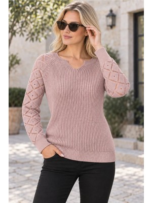 AQE FASHION Kadın Çentik Yaka Uzun Kollu Kolları Baklava Desenli Örgü Dokulu Ribana Detaylı Şık Zarif Yumuşak Günlük Pudra Triko Kazak