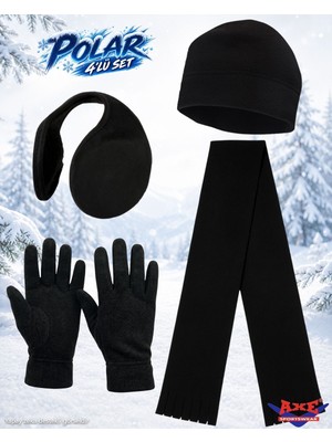 Axe Sportswear Kışlık Siyah Sıcak Tutan Bileği Sıkmayan Manşetli Katlamalı Termal Polar Eldiven Atkı Bere Kulaklık 4'lü Set