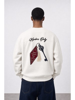 Respire Erkek Members Only Baskılı Oversize Sweatshirt Ekru