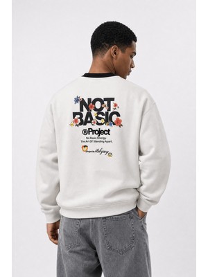 Respire Erkek Not Basic Project Baskılı Oversize Sweatshirt Ekru