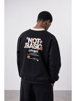 Respire Erkek Not Basic Project Baskılı Oversize Sweatshirt Siyah