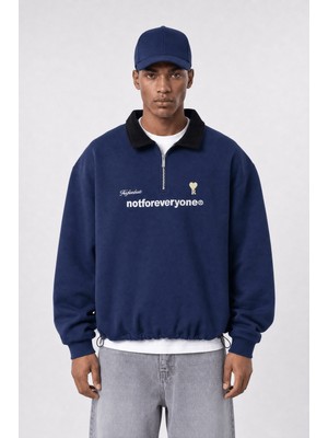 Respire Erkek Not For Everyone Nakışlı Polo Yaka Oversize Sweatshirt Lacivert