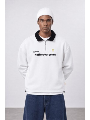 Respire Erkek Not For Everyone Nakışlı Polo Yaka Oversize Sweatshirt Ekru