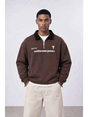 Respire Erkek Not For Everyone Nakışlı Polo Yaka Oversize Sweatshirt Kahve