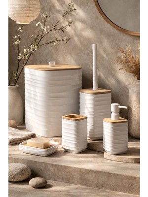 altabi Luna Beyaz Bambulu Banyo Seti 5 Parça Plastik