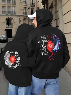 Mondschein Melek Şeytan Kanatlı Kalp Baskılı Sevgili Kombini Oversize Hoodie Seti