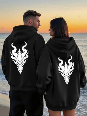 Mondschein Unisex Ejderha Baskılı Sevgili Kombini Oversize Hoodie Seti 2'li