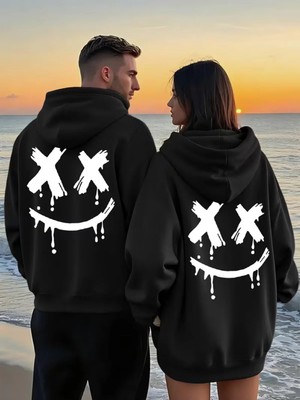 Mondschein Sevgili Çift Kombin Gülümseme Baskılı Kapüşonlu Sweatshirt 2'li Unisex Hoodie