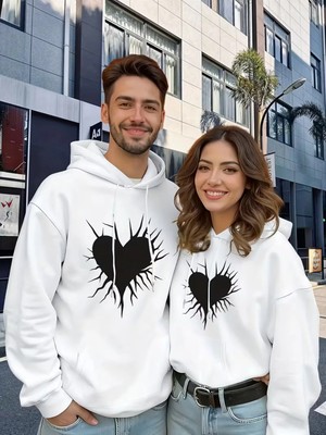 Mondschein Sevgili Çift Kombin Şimşekli Kalp Baskılı Kapüşonlu Sweatshirt 2'li Set–unisex Oversize