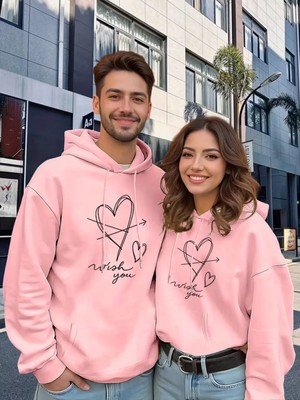 Mondschein Sevgili Çift Kombin Wish You Kalp Baskılı Kapüşonlu Sweatshirt 2'li Set–unisex Oversize