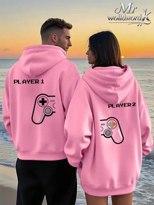 Mondschein Sevgili Çift Kombin Player 1 Player 2 Baskılı Kapüşonlu Sweatshirt 2'li Set–unisex