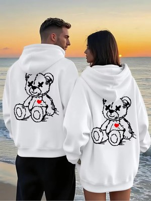 Mondschein Sevgili Çift Kombin Ayıcık Baskılı Kapüşonlu Sweatshirt 2'li Set 3 Iplik