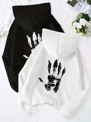 Mondschein Sevgili Çift Kombin El Izi Baskılı Kapüşonlu Sweatshirt 2'li Set Unisex Oversize Hoodie 3