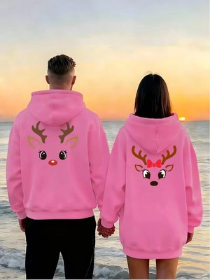 Mondschein Sevgili Çift Kombin Hoodie Geyik Baskılı Oversize Kapüşonlu Sweatshirt 2'li Set Unisex 3