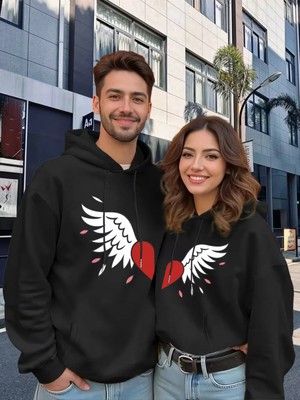 Mondschein Sevgili Çift Kombin Melek Kanat Kalp Baskılı Kapüşonlu Sweatshirt 2'li Unisex Hoodie
