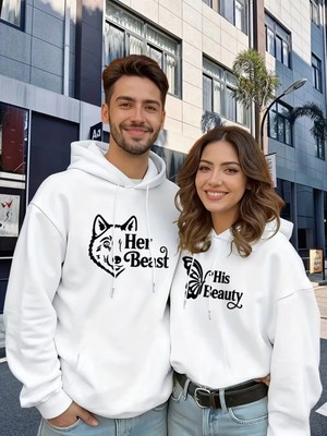 Mondschein Sevgili Çift Kombin Hoodie Set His Beauty Her Beast Baskılı Unisex Oversize 3 Iplik