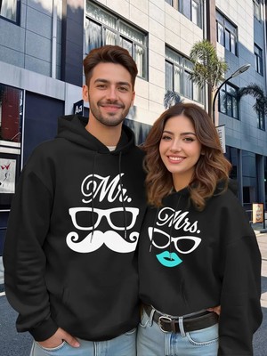 Mondschein Mr Mrs Gözlük Bıyık Dudak Baskılı Sevgili Kombini Oversize Hoodie Seti