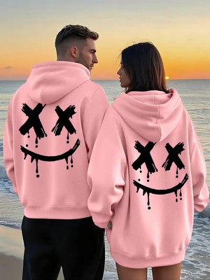 Mondschein Sevgili Çift Kombin Gülümseme Baskılı Kapüşonlu Sweatshirt 2'li Unisex Hoodie
