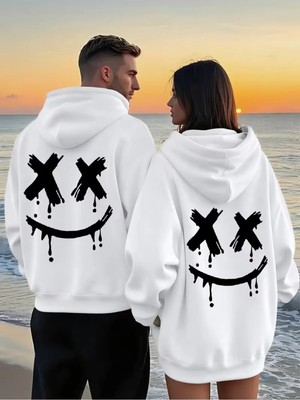 Mondschein Sevgili Çift Kombin Gülümseme Baskılı Kapüşonlu Sweatshirt 2'li Unisex Hoodie