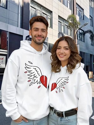 Mondschein Sevgili Çift Kombin Melek Kanat Kalp Baskılı Kapüşonlu Sweatshirt 2'li Unisex Hoodie