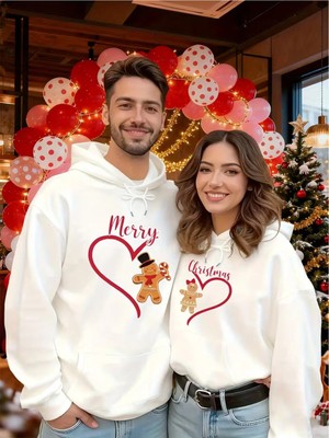 Mondschein Sevgili Kombini Hoodie Merry Christmas Baskılı Çift Kapüşonlu Sweatshirt Unisex 3 Iplik