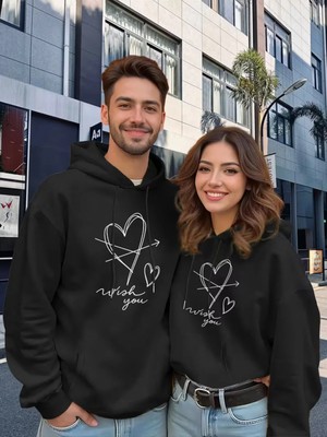 Mondschein Sevgili Çift Kombin Wish You Kalp Baskılı Kapüşonlu Sweatshirt 2'li Set–unisex Oversize