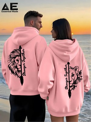 Mondschein Unisex Aslan & Dişi Aslan Baskılı Sevgili Kombini Oversize Hoodie Seti