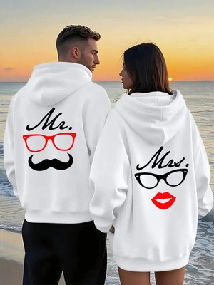 Mondschein Mr Mrs Gözlük Bıyık Dudak Sırt Baskılı Sevgili Kombini Oversize Hoodie Seti