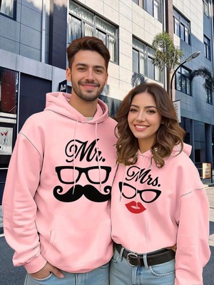 Mondschein Mr Mrs Gözlük Bıyık Dudak Baskılı Sevgili Kombini Oversize Hoodie Seti