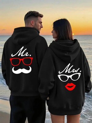 Mondschein Mr Mrs Gözlük Bıyık Dudak Sırt Baskılı Sevgili Kombini Oversize Hoodie Seti