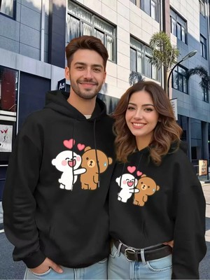 Mondschein Sevgili Çift Kombini Sevimli Ayıcık Baskılı Kapüşonlu Sweatshirt 2'li Set 3 Iplik Pamuk
