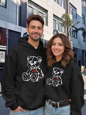 Mondschein Sevgili Kombini Ayıcık Baskılı Kapüşonlu Sweatshirt 2'li Set 3 Iplik Oversize Unisex