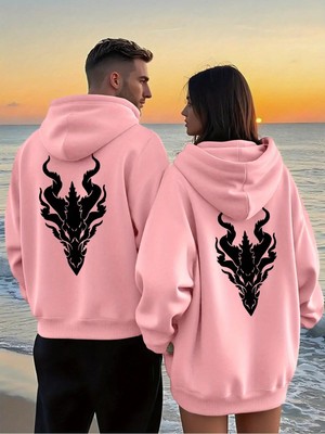 Mondschein Unisex Ejderha Baskılı Sevgili Kombini Oversize Hoodie Seti 2'li