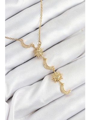 Pileli Store 316L Çelik Zirkon Taşlı Güneş ve Ay Model Gold Renk Kadın Kolye TJ-BKO10548
