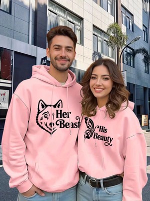 Mondschein Sevgili Çift Kombin Hoodie Set His Beauty Her Beast Baskılı Unisex Oversize 3 Iplik