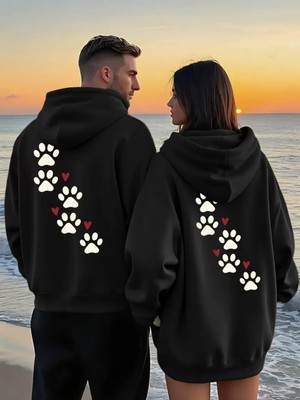 Mondschein Sevgili Çift Kombin Pati Baskılı Kapüşonlu Sweatshirt 2'li Set Unisex Oversize Hoodie 3