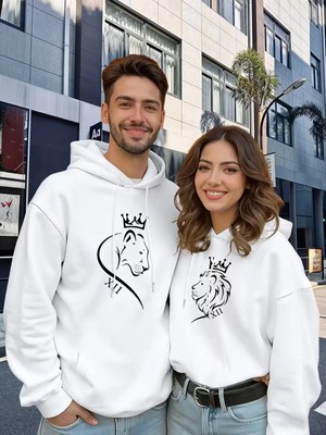 Mondschein Sevgili Çift Kombin Aslan Kaplan Baskılı Kapüşonlu Sweatshirt 2'li Unisex Hoodie