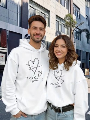 Mondschein Sevgili Çift Kombin Wish You Kalp Baskılı Kapüşonlu Sweatshirt 2'li Set–unisex Oversize