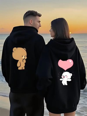 Mondschein Sevgili Kombin Hoodie Ayıcık Baskılı Kalpli Çift Sweatshirt Unisex Kapüşonlu Oversize