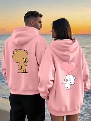 Mondschein Sevgili Kombin Hoodie Ayıcık Baskılı Kalpli Çift Sweatshirt Unisex Kapüşonlu Oversize