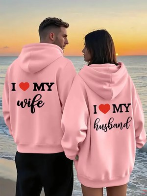 Mondschein Sevgili Çift Kombin I Love My Wife Husband Baskılı Kapüşonlu Sweatshirt 2'li Unisex Hoodie